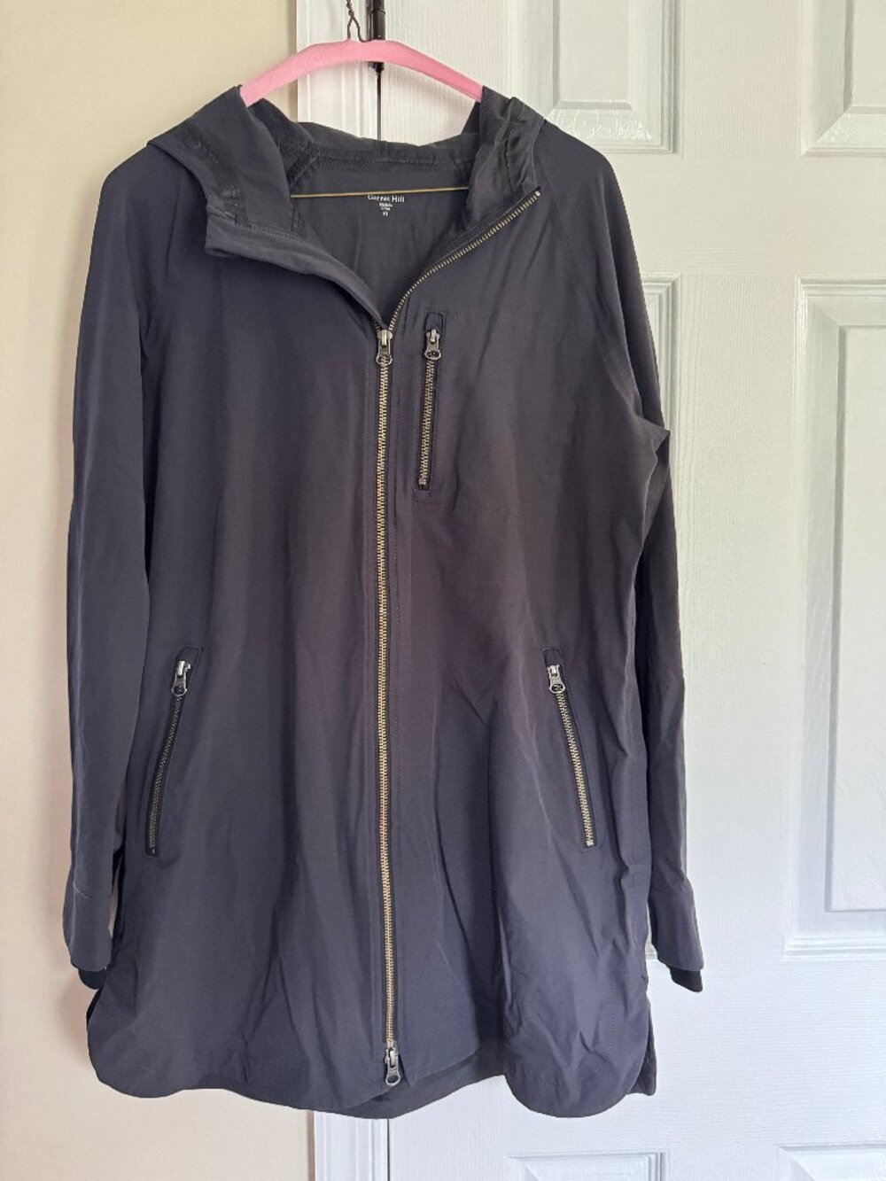 Garnet Hill Navy Blue Rain Jacket Womens XS Hooded Pockets Lightweight Nylon EUC